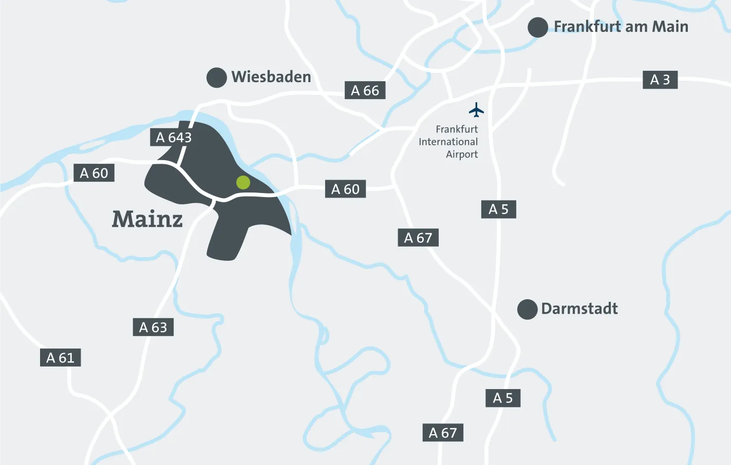 Karte von Mainz und Umgebung mit Autobahnen und dem Frankfurter Flughafen.