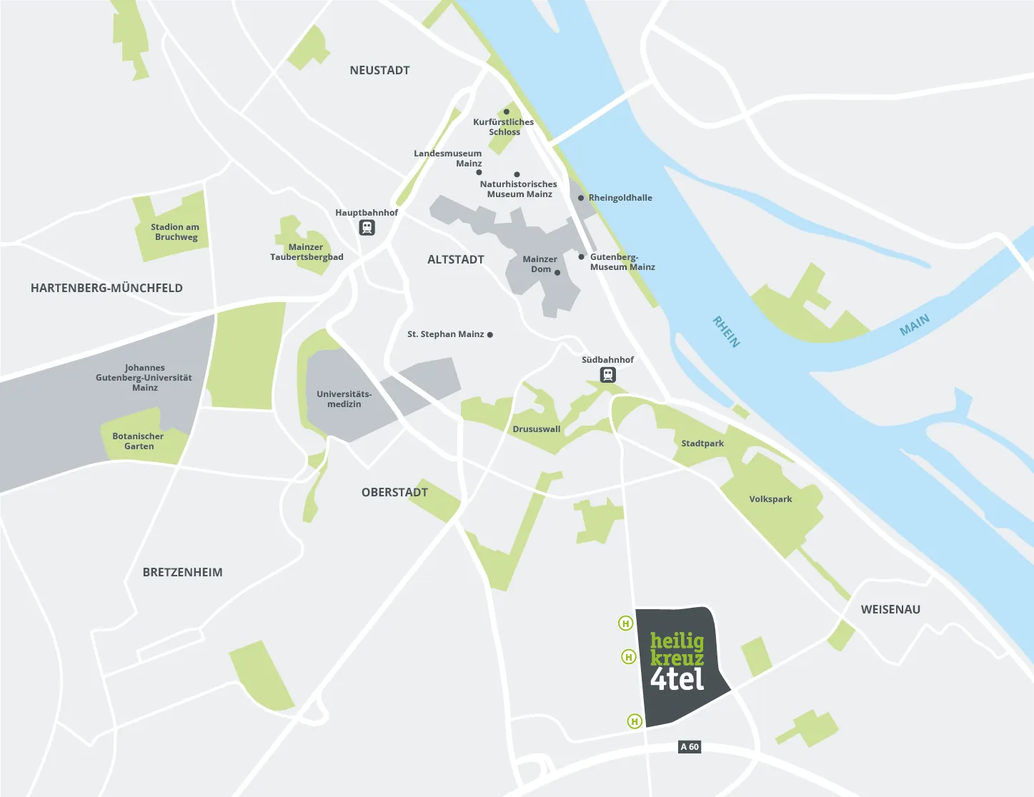 Karte von Mainz, die das südlich gelegene Heiligkreuz-Viertel zeigt.