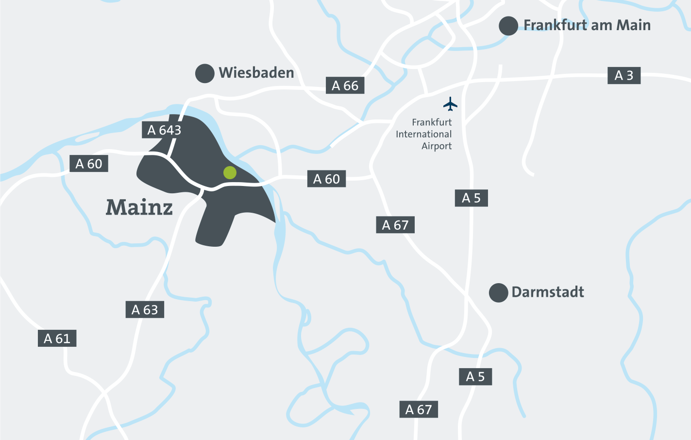 Karte von Mainz und Umgebung mit Autobahnen und dem Frankfurter Flughafen.