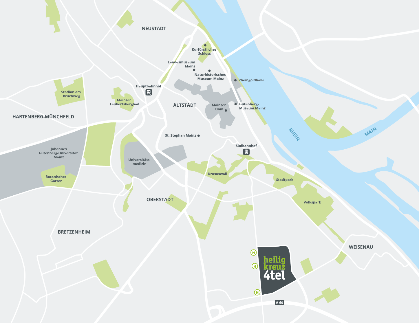 Karte von Mainz, die das südlich gelegene Heiligkreuz-Viertel zeigt.